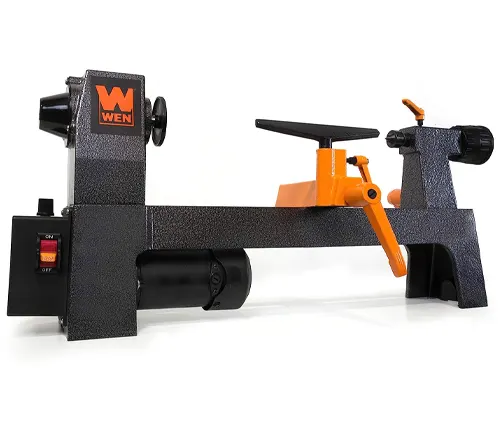 A WEN brand benchtop wood lathe with an orange and black color scheme