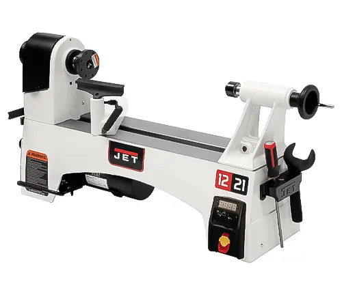 A JET wood lathe with digital controls and red and black accents, highlighting modern design and functionality