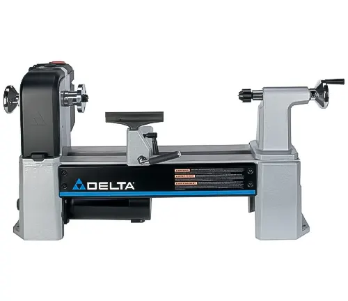 A Delta Industrial wood lathe with a sturdy design and metallic gray finish, showcasing its robust build and professional quality