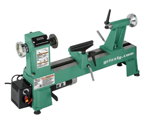 A Grizzly Industrial green wood lathe with digital readout and solid construction, reflecting value and capability for woodworking projects