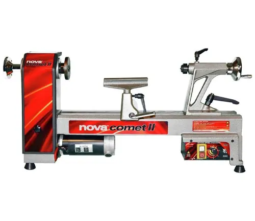 A NOVA Comet II wood lathe featuring a distinctive red and gray color scheme, known for its reliability and advanced features for precise woodworking