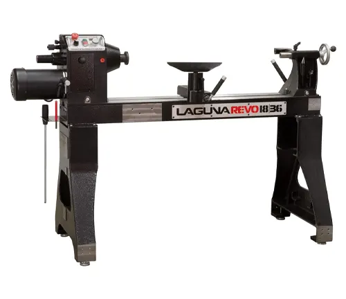 A Laguna REVO 18|36 wood lathe, showcasing robust construction with black and red detailing, suitable for both professional and passionate woodturners