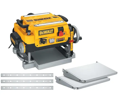 DeWalt wood planer with accessories, including infeed and outfeed tables and replacement blades