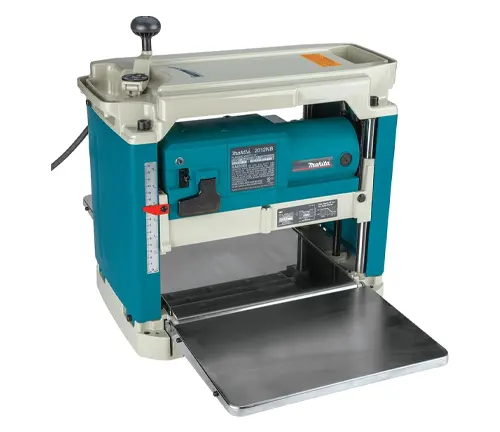 Teal and grey Makita benchtop thickness planer with a silver outfeed table