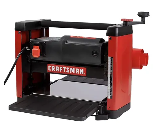 Red and black CRAFTSMAN benchtop thickness planer on a white background