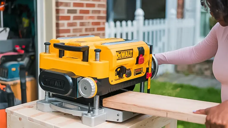 Person using a yellow and black wood planer on a wooden plank