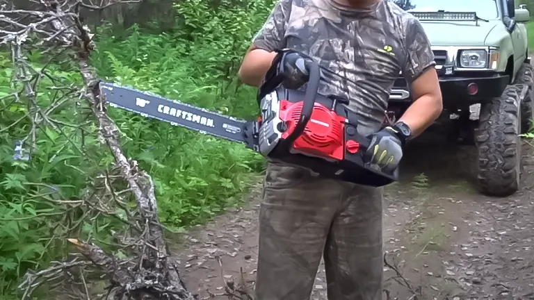 Person holding a CRAFTSMAN S165 chainsaw with a 16-inch bar in an outdoor setting, with an off-road vehicle