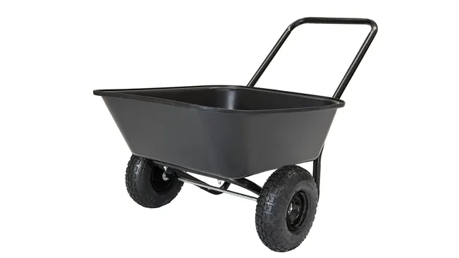 Black two-wheeled garden barrow with a sturdy metal frame and deep bed, isolated on a white background.