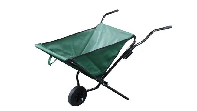 Green Bosmere folding wheelbarrow with a collapsible canvas body and a single black wheel, against a white background.