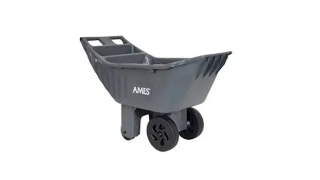 Gray Ames Easy Roller Garden Cart with a poly bed, four black wheels, and logo on the side.
