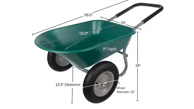Green wheelbarrow with dimensions labeled, featuring a large basin and two pneumatic tires for stability and ease of use.