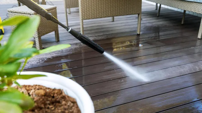 Pressure washing a wood deck with a focused water jet near outdoor furniture.