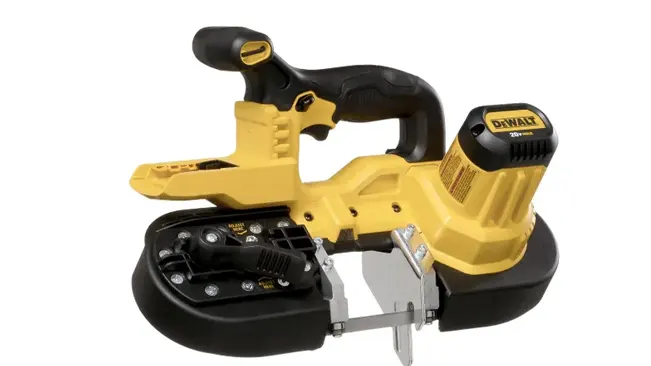 Close up of DEWALT DCS371B 20V Max Lithium Band Saw in white background