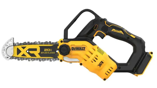 Close up of DeWalt DCCS623B 20V Max 8 Inch Brushless Cordless Pruning Chainsaw