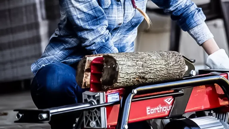 Person operating an Earthquake W500 Log Splitter, placing a log on the machine
