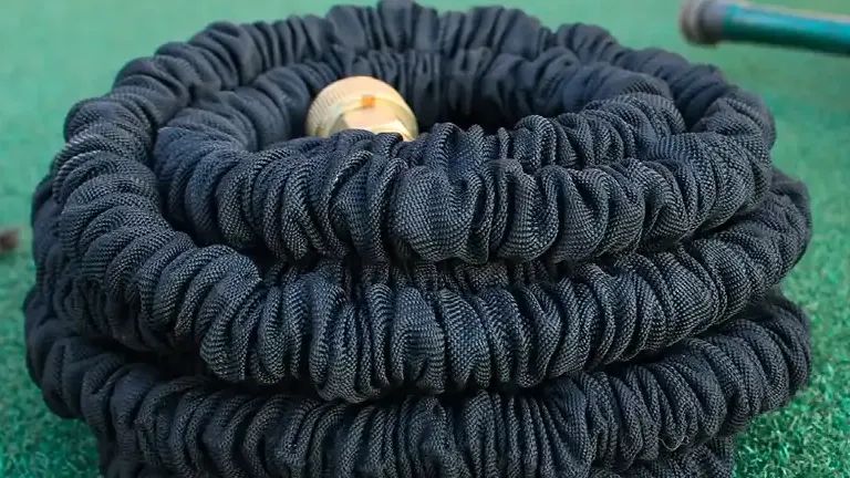 Expandable Garden Hose laying in the synthetic grass