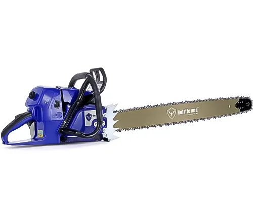 Blue and silver Holzfforma G660 gasoline chainsaw with a long bar and chain