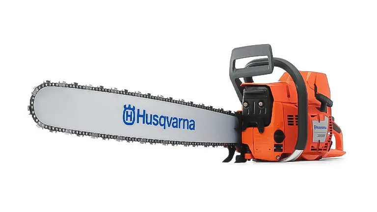 Husqvarna chainsaw with extended bar on white background