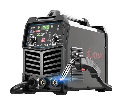 A GZ GUOZHI 140Amp multi-process welder with a digital display and connected MIG gun
