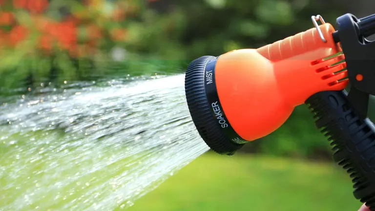 close up of garden nozzle hose pouring water