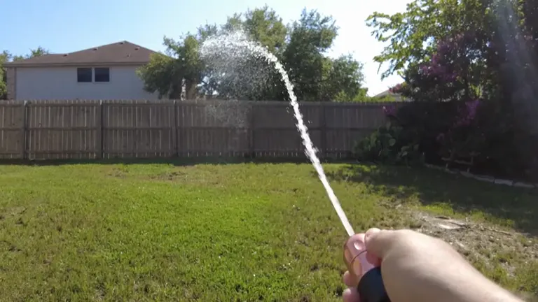 Person using Copper Bullet Hose in the backyard