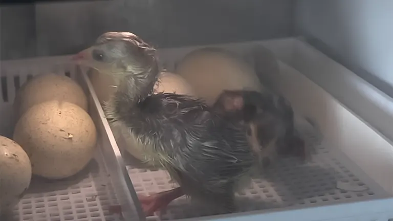 Newly hatched peacock chick standing next to eggs in an incubator - Raising Rare Peacocks