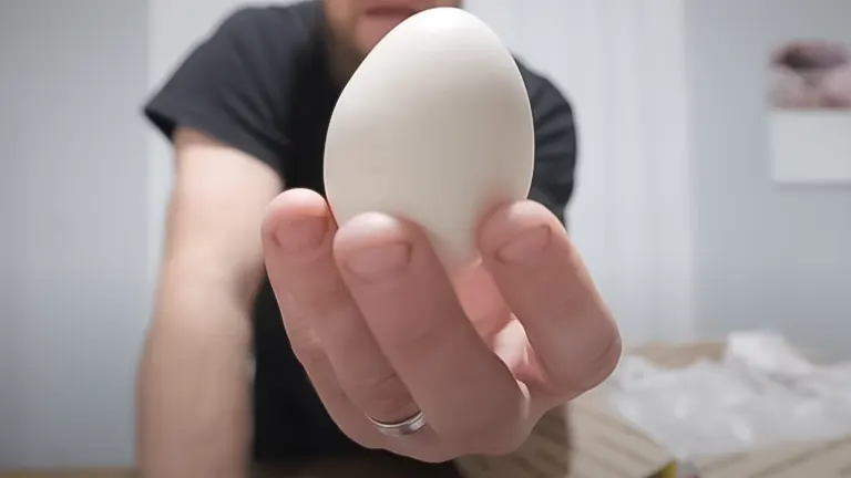 A person holding a large white egg in focus with a blurred background - Raising Rare Peacocks