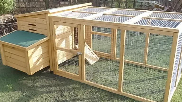 Wooden chicken coop with attached run and solar panels on the roof