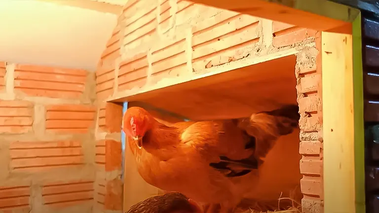 Chicken inside a nesting box made with wood and bricks in a budget-friendly coop