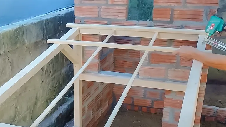 Person assembling a wooden frame for a low-budget chicken coop against a brick wall