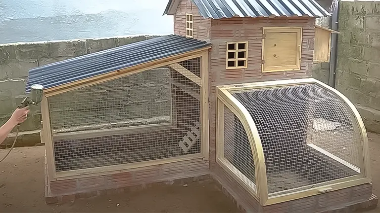 Completed low-budget chicken coop with mesh walls and a corrugated metal roof
