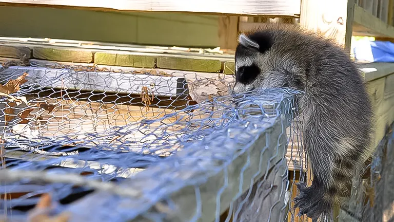 A raccoon climbing on the edge of a wire mesh, likely attempting to access a chicken coop