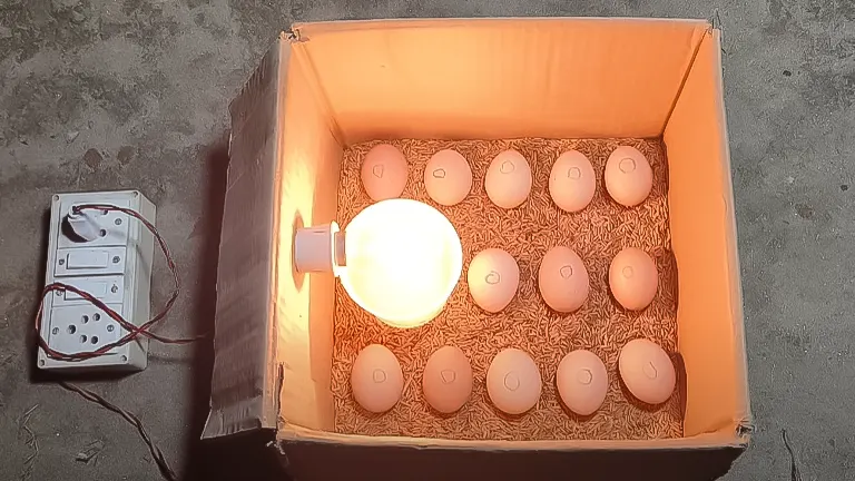Homemade chicken egg incubator with a heat lamp and thermostat