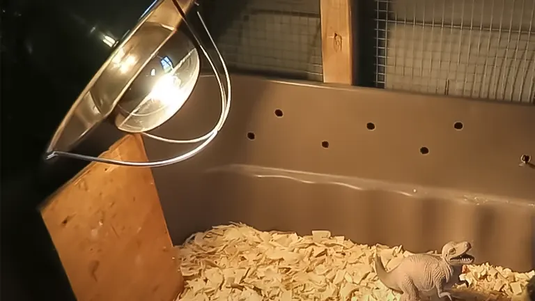Chicken brooder with heat lamp and shavings, plus a toy dinosaur for scale