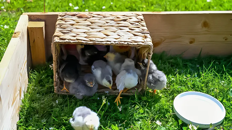 Young chicks huddling in a wicker-covered shelter inside a grass-filled wooden brooder with a water dish nearby