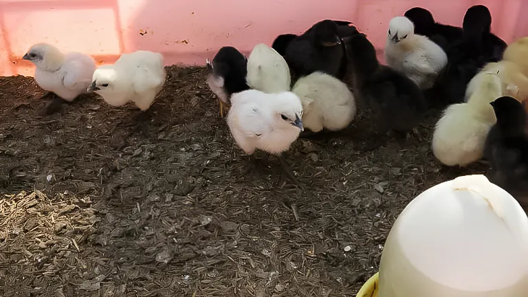 Chicks of various colors gathered in a brooder with bedding and a waterer visible