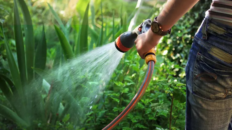 Person holding garden hose pouring water in the garden 