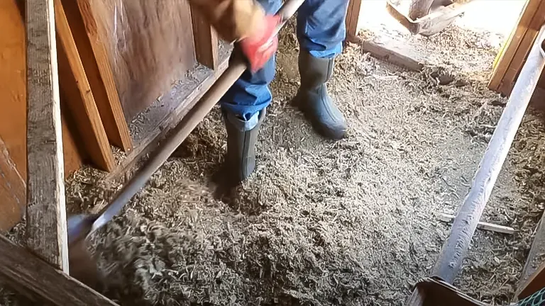Person cleaning a chicken coop with a rake, removing old bedding from a dirt floor