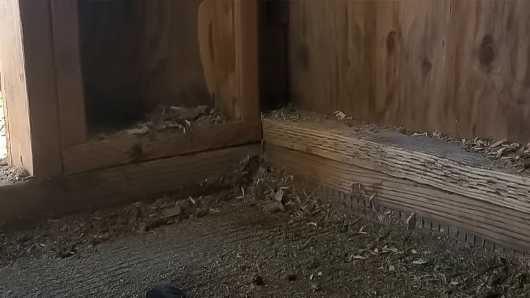 Corner of a chicken coop showing a dirt floor with scattered bedding and droppings