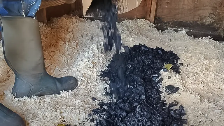 Charcoal being added to fresh sawdust bedding in a chicken coop with a dirt floor