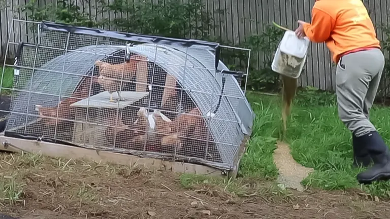 Person in orange shirt feeding chickens in a wire enclosure