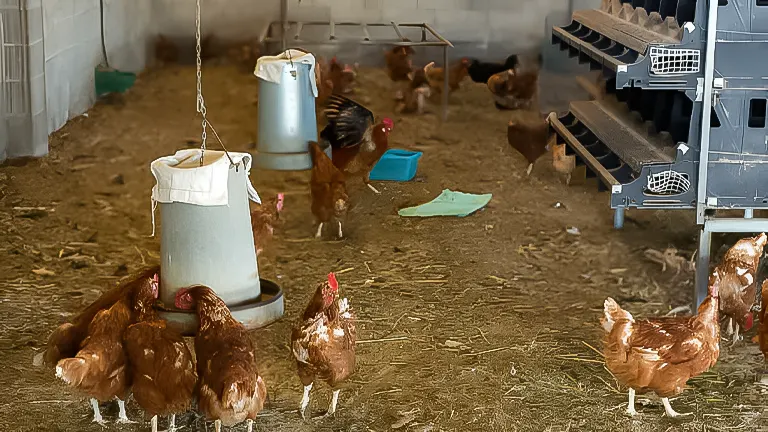 Chickens gathered around feeders in a barn
