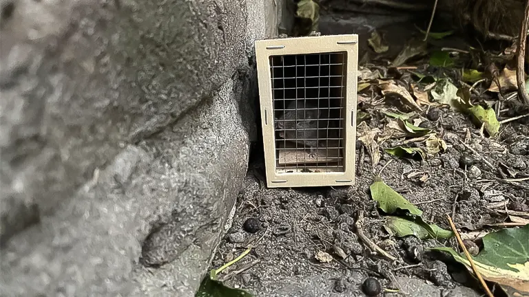 A metal rat trap placed on the ground beside a rock wall, surrounded by leaves and debris