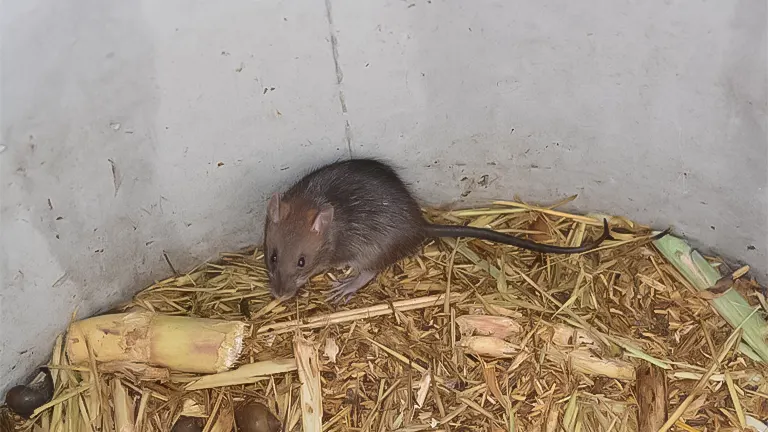 A rat on straw bedding with corn stalks, inside a concrete corner, possibly within a chicken coop