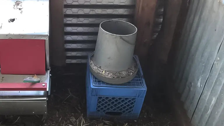 A makeshift setup in a chicken coop with a grey PVC pipe on top of a blue plastic crate, possibly used as a rat trap
