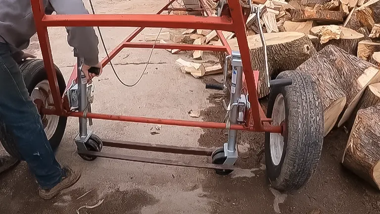 Red log splitter on wheels with a hydraulic lift mechanism
