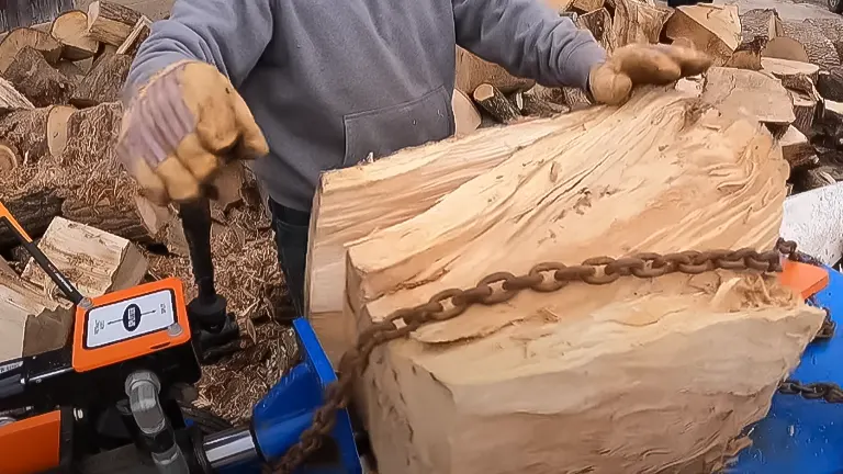 Person using a chain to unjam a log from a log splitter