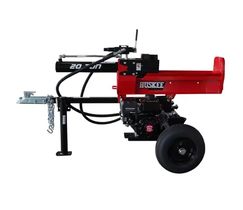 Red Huskee 20-ton log splitter with a 209cc engine and attached towing hitch