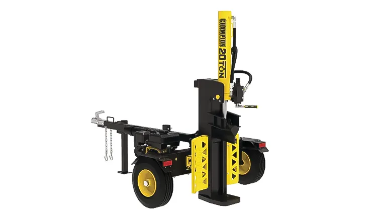 A black and yellow Champion 20-Ton Gas Log Splitter in vertical position with towing chain and wheels