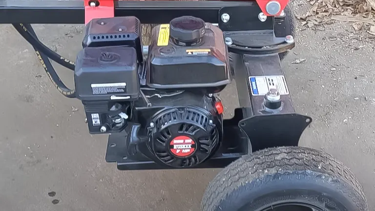 Top-down view of a Huskee 209cc engine on a 20T log splitter, focusing on the engine and wheel